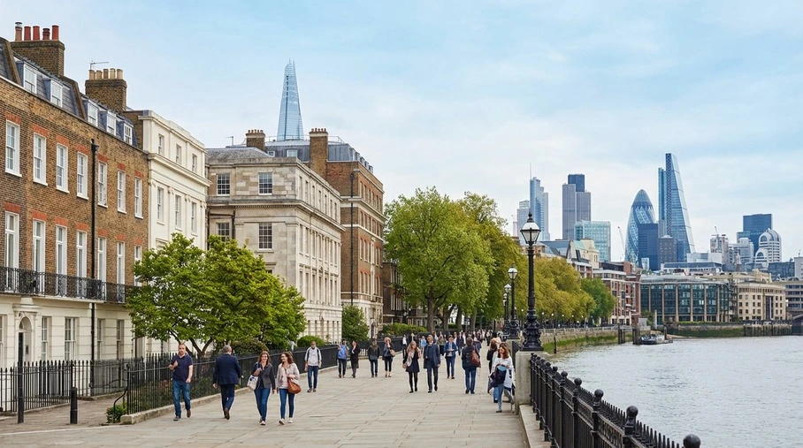 A view of the embankment and urban architecture resembling a European metropolis