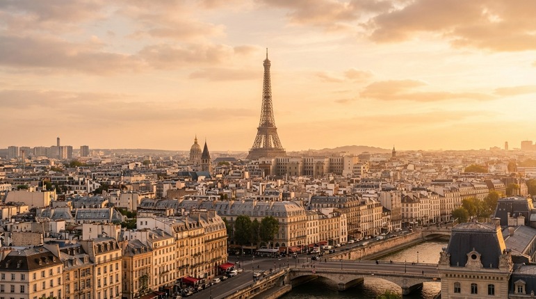 Paris and the Eiffel Tower at sunset