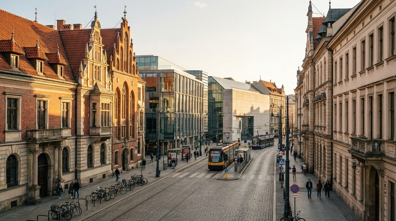 Panorama of Poland: historic city center with modern infrastructure on a sunny day.