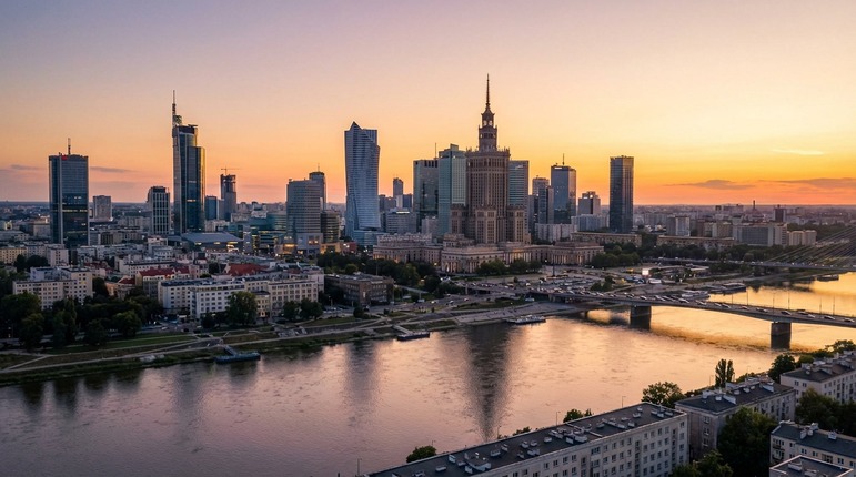 Panorama of Warsaw at sunset, the capital of Poland