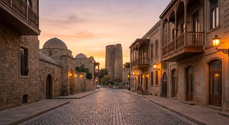 Замонавий архитектура ва Каспий денгизи қирғоғи билан Боку панорамаси.