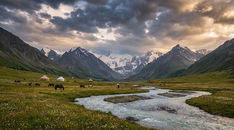 Qirg'iziston: tog' manzarasi va tabiat.