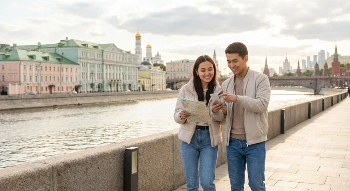 View of the embankment and historic buildings in the center of Moscow or Saint Petersburg