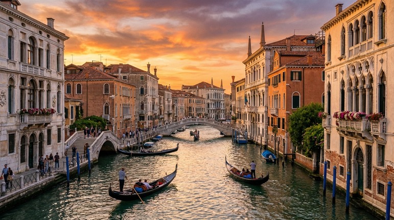 Italiya: quyoshli kunda shahar manzarasi va tarixiy arxitektura.