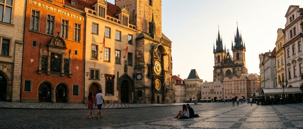 Қуёшли кунда Карлов кўприги ва тарихий архитектура билан Прага панорамами.