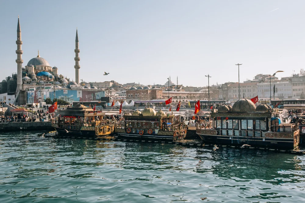 Istanbul harbor with restaurant boats.